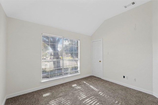 spare room featuring lofted ceiling and carpet flooring