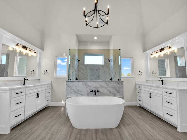 bathroom featuring vanity, separate shower and tub, and wood-type flooring