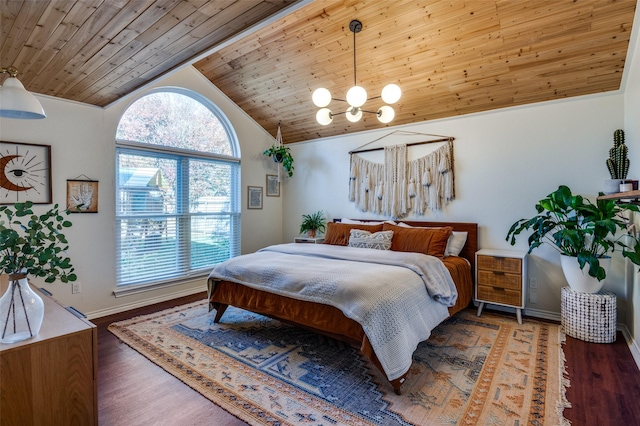 bedroom with an inviting chandelier, dark hardwood / wood-style flooring, wooden ceiling, and vaulted ceiling