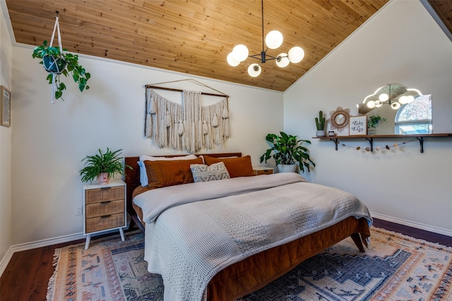 bedroom featuring a notable chandelier, dark hardwood / wood-style flooring, wood ceiling, and vaulted ceiling