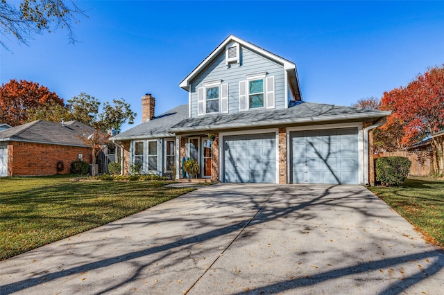 front facade featuring a garage and a front lawn