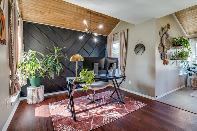 office featuring a notable chandelier, wood ceiling, dark wood-type flooring, and vaulted ceiling