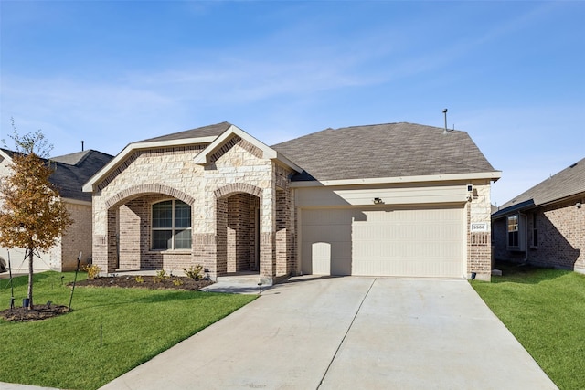 view of front of property with a garage and a front lawn