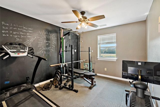 exercise area featuring ceiling fan