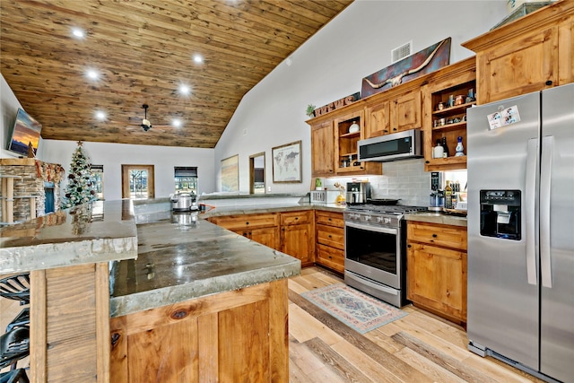 kitchen featuring stainless steel appliances, a kitchen bar, decorative backsplash, wooden ceiling, and kitchen peninsula