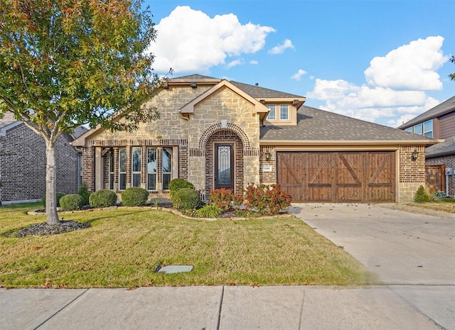 view of front of property with a garage and a front lawn