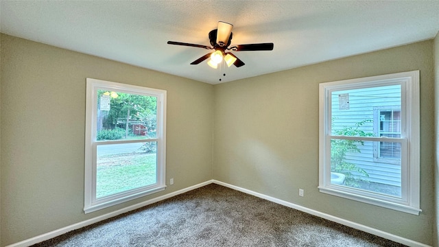 unfurnished room featuring ceiling fan, carpet, and a textured ceiling