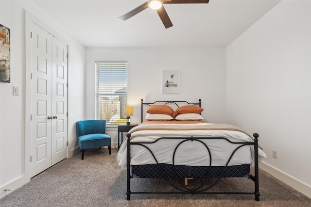 bedroom with carpet flooring, ceiling fan, and a closet