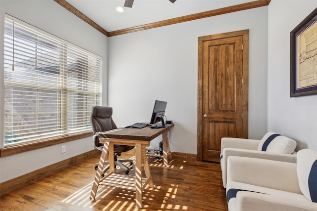 office space with ceiling fan, ornamental molding, and hardwood / wood-style flooring