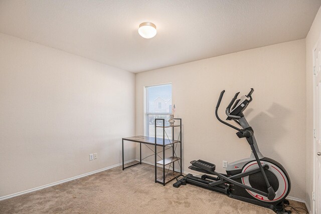 exercise room featuring light colored carpet