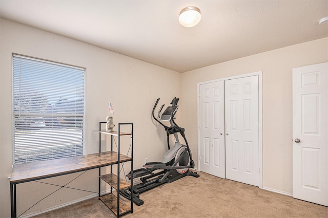 exercise area with light colored carpet