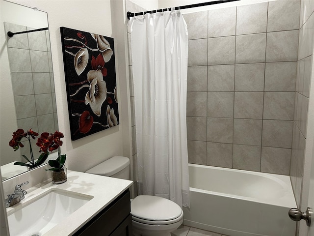 full bathroom with vanity, toilet, and shower / bathtub combination with curtain