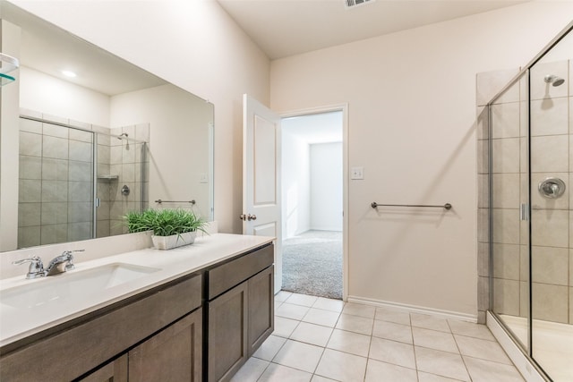 bathroom with tile patterned flooring, vanity, and a shower with shower door