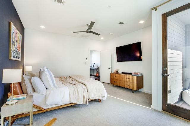 carpeted bedroom with ceiling fan