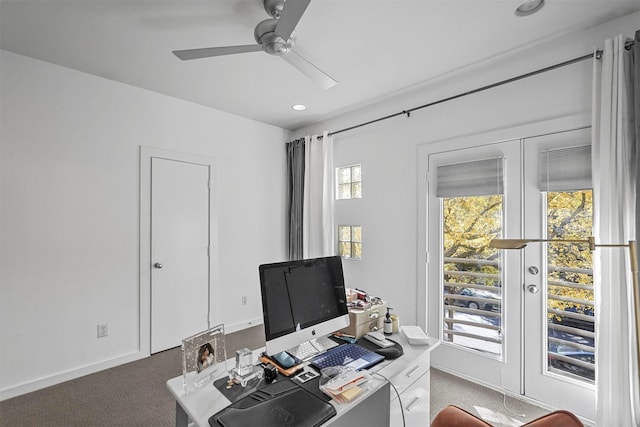 office with carpet, a wealth of natural light, and ceiling fan