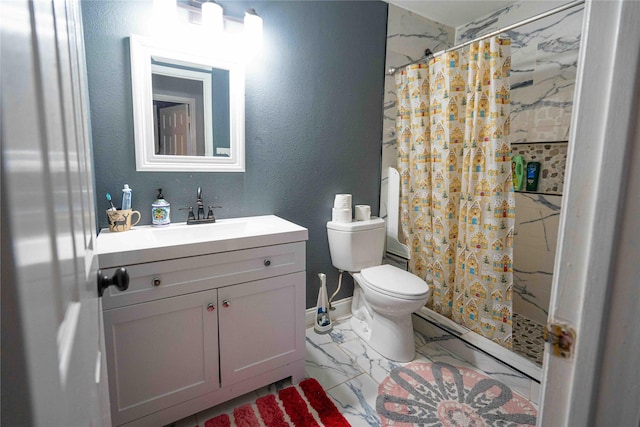 bathroom featuring vanity, curtained shower, and toilet