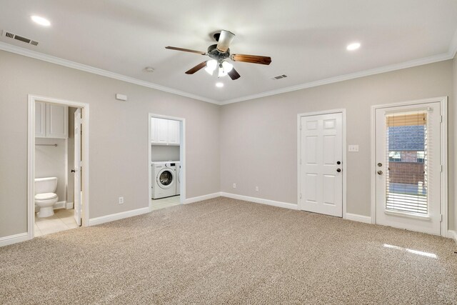 interior space featuring light carpet, crown molding, ceiling fan, and washer / dryer