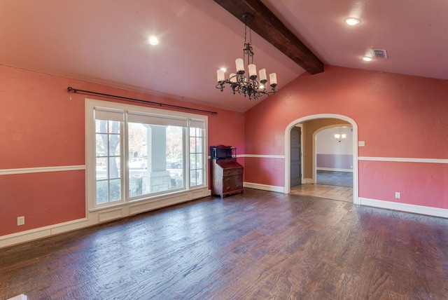 unfurnished living room featuring lofted ceiling with beams, dark hardwood / wood-style floors, and an inviting chandelier