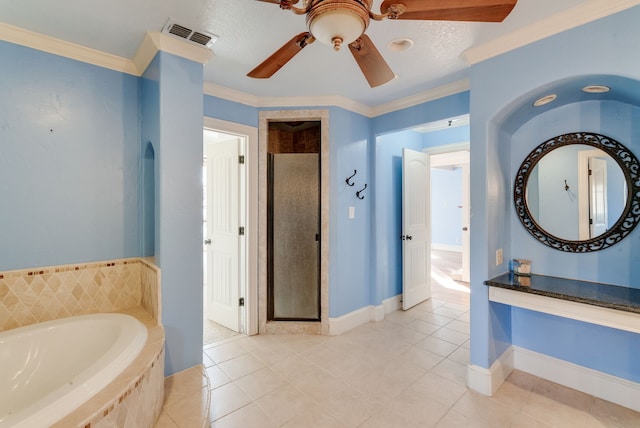 bathroom with ceiling fan, tile patterned floors, ornamental molding, and independent shower and bath