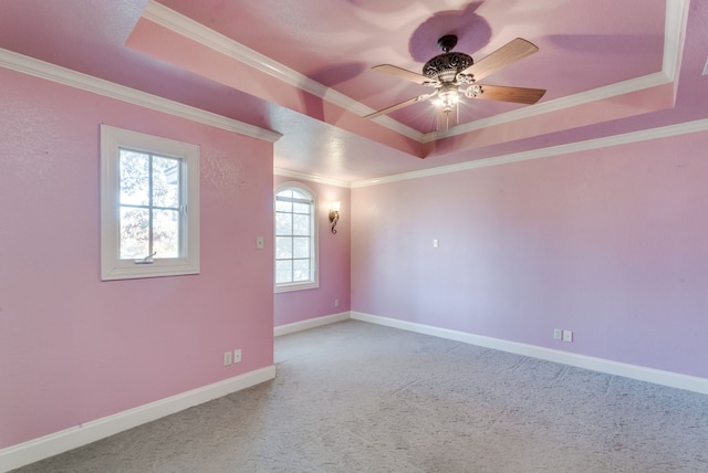 carpeted spare room featuring crown molding, a tray ceiling, and ceiling fan