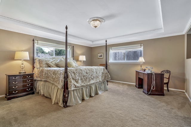 bedroom featuring a raised ceiling, light colored carpet, and crown molding