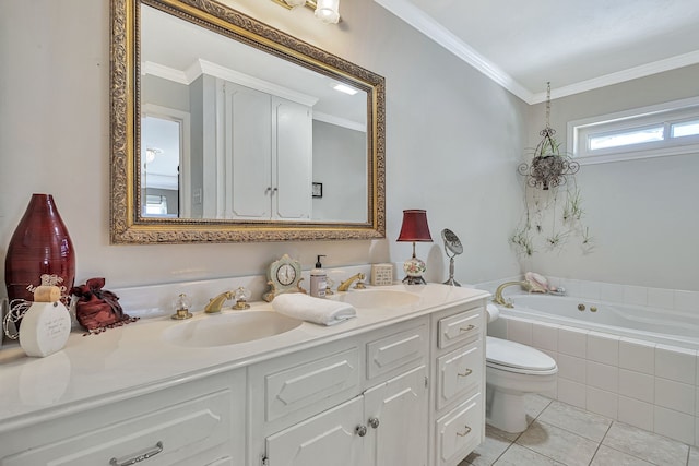 bathroom with vanity, tile patterned floors, crown molding, toilet, and tiled bath