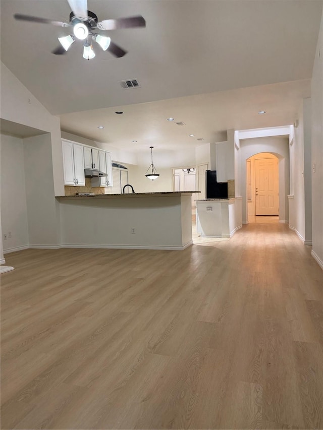 unfurnished living room featuring ceiling fan and light hardwood / wood-style flooring