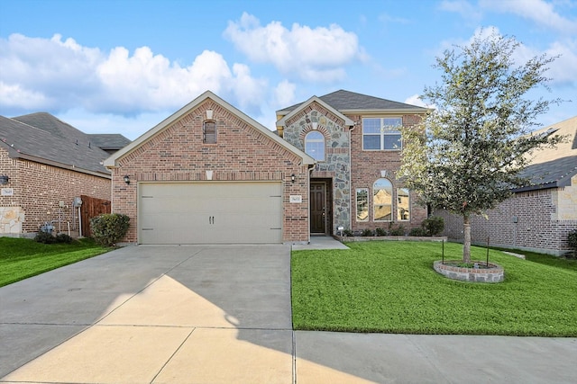 traditional-style house featuring a garage, driveway, a front lawn, and brick siding