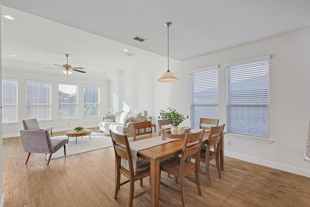 dining space featuring hardwood / wood-style floors, ceiling fan, and a wealth of natural light