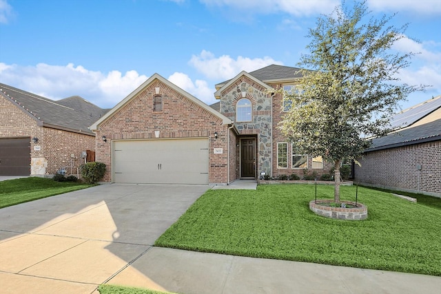 view of front facade with brick siding, concrete driveway, an attached garage, stone siding, and a front lawn