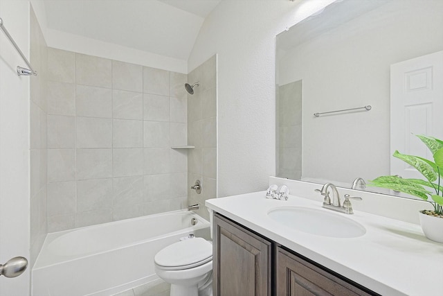 full bathroom with vaulted ceiling, shower / washtub combination, vanity, and toilet