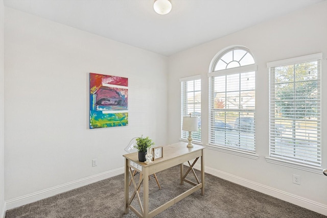 home office with dark colored carpet and baseboards