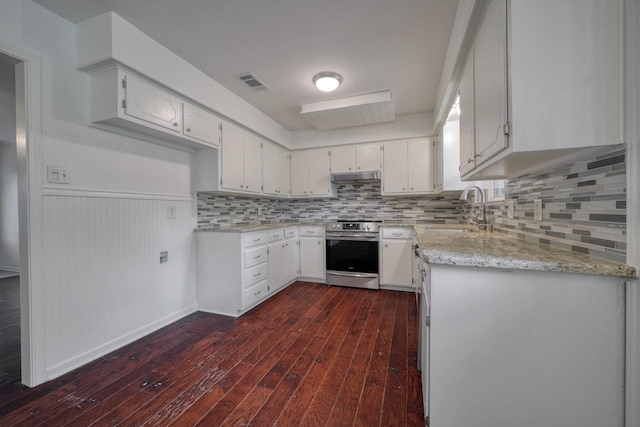 kitchen with white cabinets, dark hardwood / wood-style floors, stainless steel range with electric cooktop, and sink