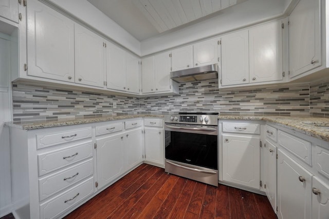 kitchen featuring stainless steel electric stove, dark hardwood / wood-style floors, white cabinets, and light stone countertops