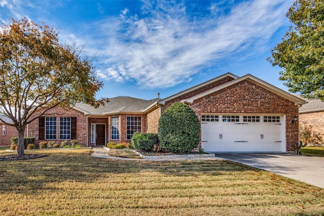 ranch-style house with a garage and a front lawn