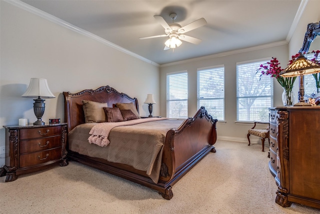 bedroom with light colored carpet, ceiling fan, and ornamental molding