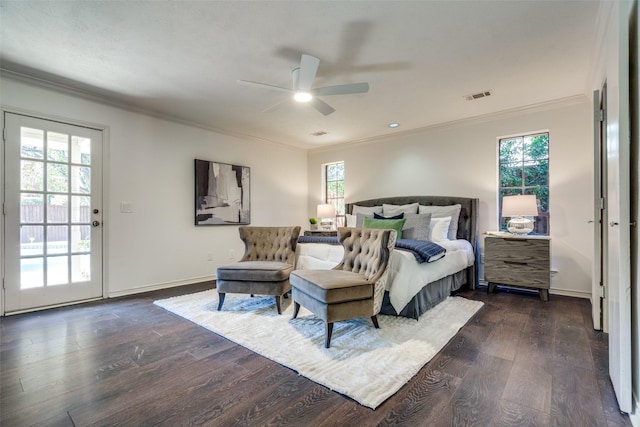 bedroom with ceiling fan, access to exterior, and multiple windows