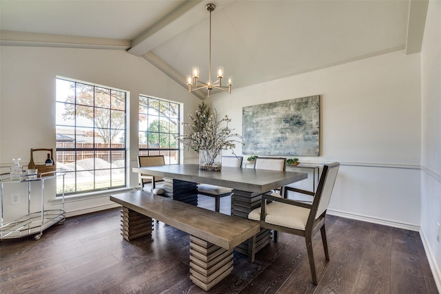 dining space featuring lofted ceiling with beams, dark hardwood / wood-style flooring, and a chandelier