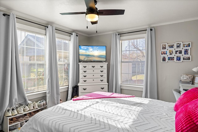 bedroom with multiple windows, ceiling fan, and ornamental molding