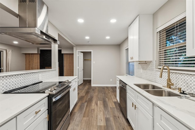 kitchen featuring white cabinetry, sink, wall chimney exhaust hood, dark hardwood / wood-style flooring, and appliances with stainless steel finishes