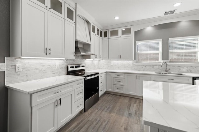 kitchen with light stone counters, stainless steel range with electric stovetop, sink, dark hardwood / wood-style floors, and white cabinetry