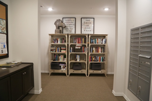 interior space featuring mail boxes, crown molding, and dark carpet