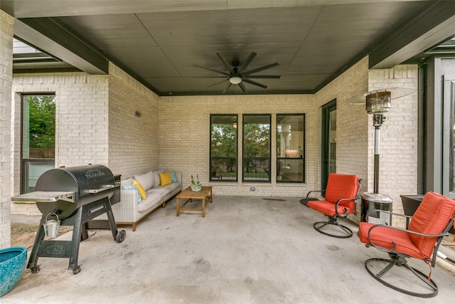 view of patio / terrace with a ceiling fan, outdoor lounge area, and a grill