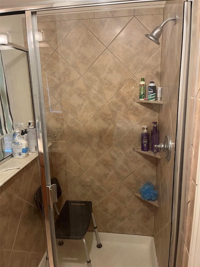 bathroom featuring a shower with shower door