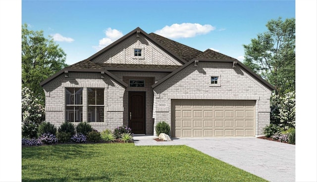 view of front of property featuring driveway, brick siding, a front lawn, and an attached garage