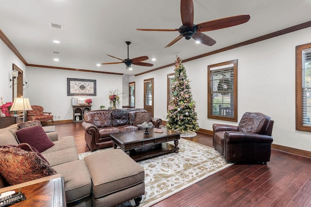 living room featuring crown molding and dark wood-type flooring