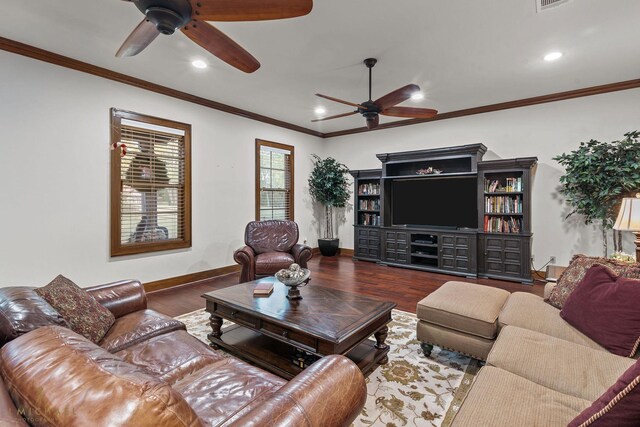 436 Goldsberry Cir, Shreveport, LA 71106 - living room with recessed lighting, ceiling fan, ornamental molding, and wood finished floors