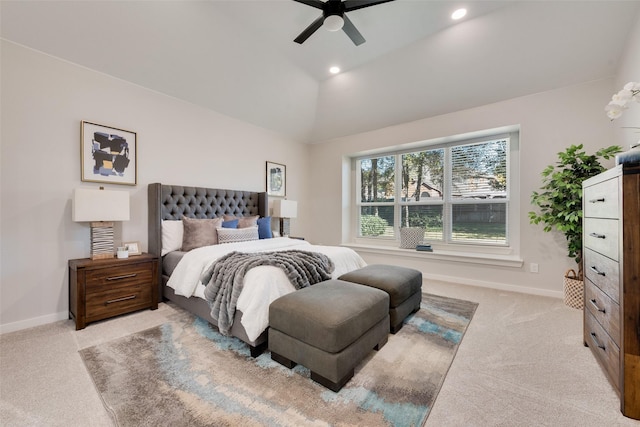 bedroom featuring baseboards, a ceiling fan, light colored carpet, vaulted ceiling, and recessed lighting