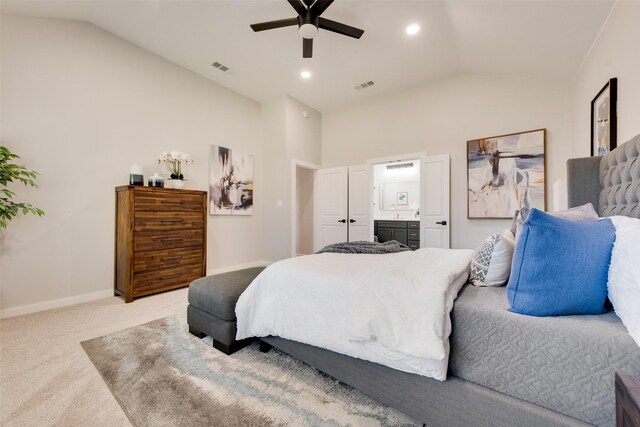 carpeted bedroom featuring ceiling fan and lofted ceiling