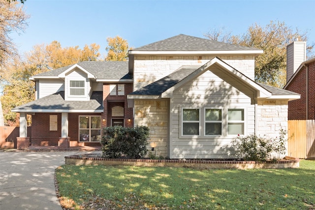 view of front of property featuring a front yard, stone siding, roof with shingles, and fence